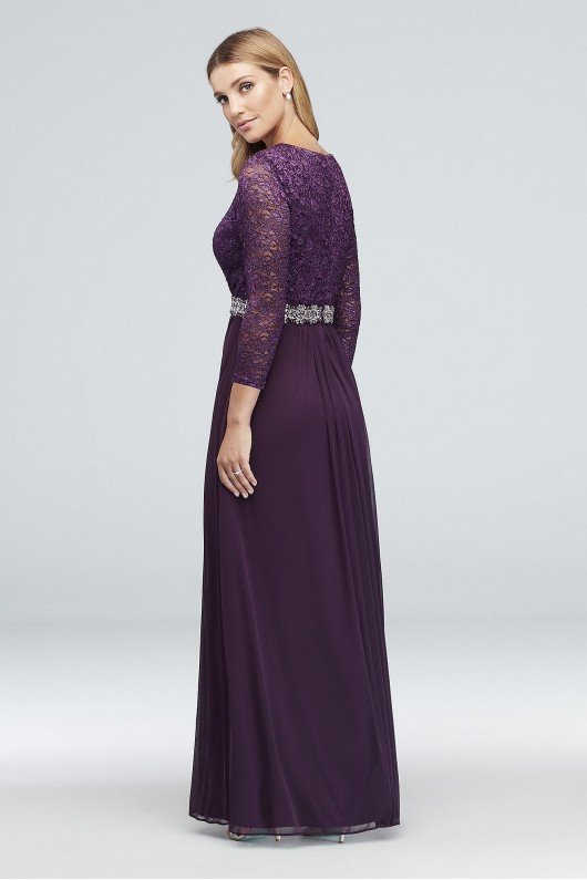 3/4-Sleeve Lace and Chiffon Gown with Beaded Waist 1122032