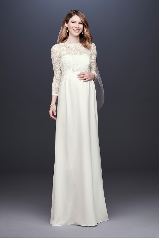3/4 Sleeve Long Lace and Crepe Maternity Wedding Gown WG3921