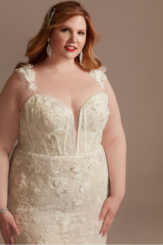 3D Floral Applique Plunge Plus Size Wedding Dress  9LSSWG885