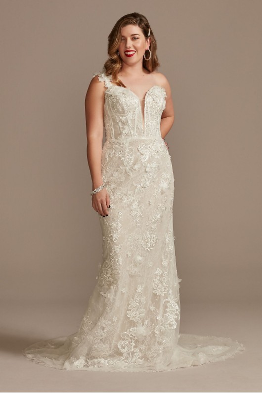 3D Floral Applique Plunge Sheath Wedding Dress  LSSWG885