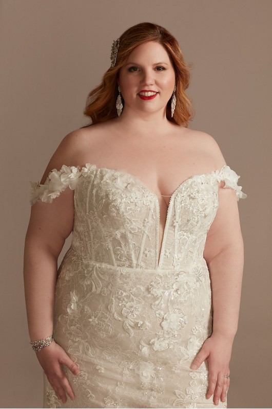 3D Floral Applique Plunge Tall Plus Wedding Dress  4XL9LSSWG885