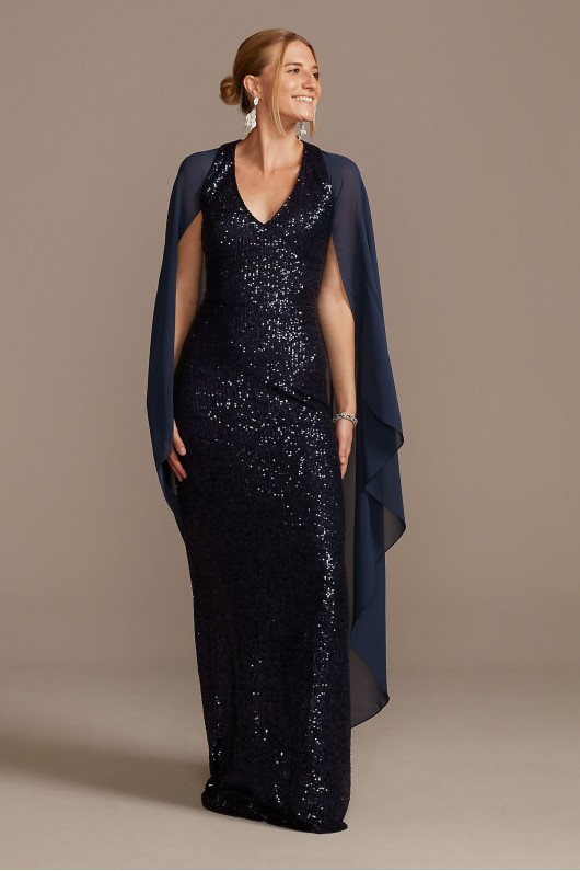 Allover Sequin Gown with Attached Chiffon Capelet  WBM2189