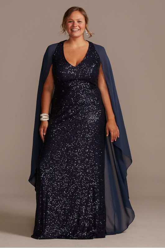 Allover Sequin Plus Size Gown with Chiffon Capelet  WBM2189W