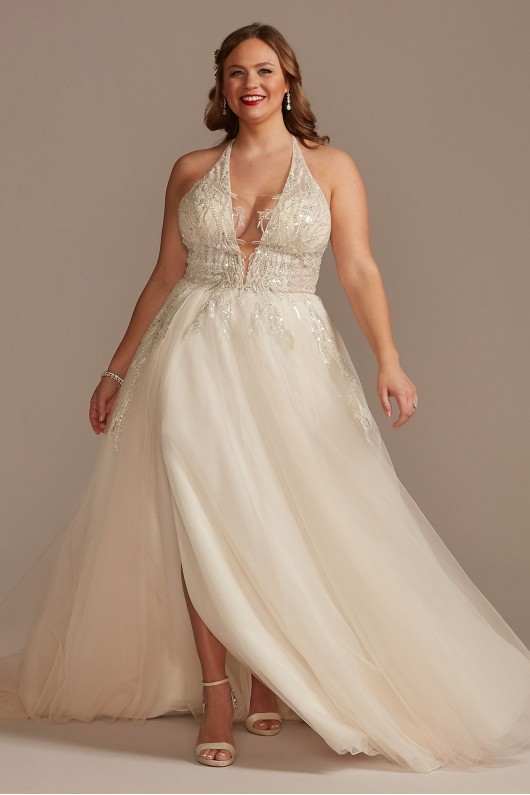 Beaded Applique Plunge Plus Size Wedding Dress  9SWG914