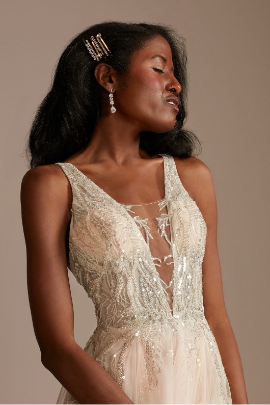 Beaded Applique Plunge Tall Slit Wedding Dress  4XLSWG914