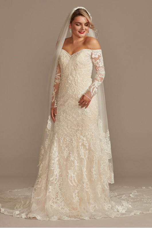 Beaded Lace Long Sleeve Off Shoulder Wedding Dress  SLXTCWG808