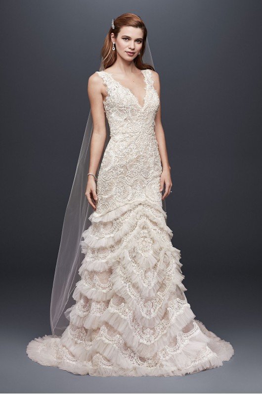 Beaded Lace Wedding Dress with Plunging Neckline SWG689