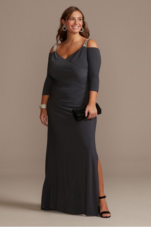 Beaded Strap Cold Shoulder Jersey Plus Size Gown  5659W
