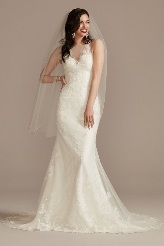 Buttoned Illusion Back Wedding Dress with Applique  CWG909