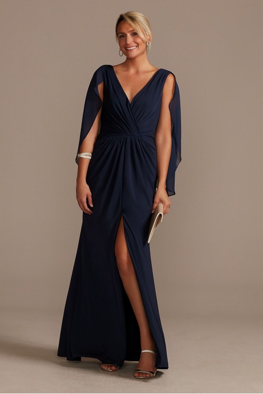 Chiffon Capelet V-Neck Pleated Dress with Slit  D40NY012