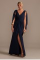 Chiffon Capelet V-Neck Pleated Dress with Slit  D40NY012