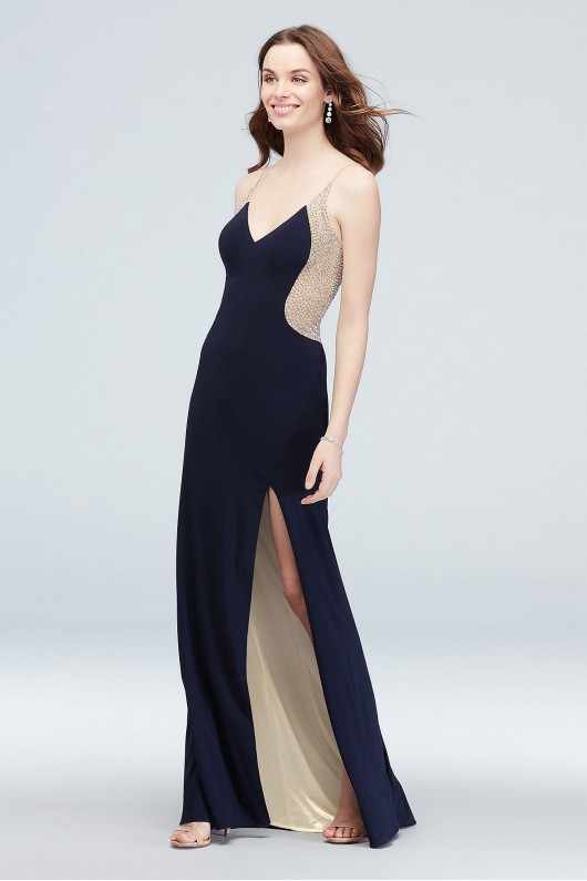 Elegant Long Deep-V Illusion Silhouette Crystal Gown with Slit 2237X