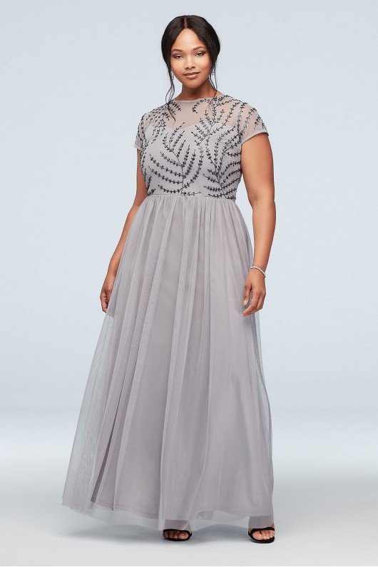 Elegant Plus Size Illusion Embellished Long A-line Short Sleeves 292329 Dress