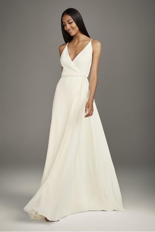 Floor Length VW351495 Style Crepe Wrap Gown with Jeweled Crisscross Low Back