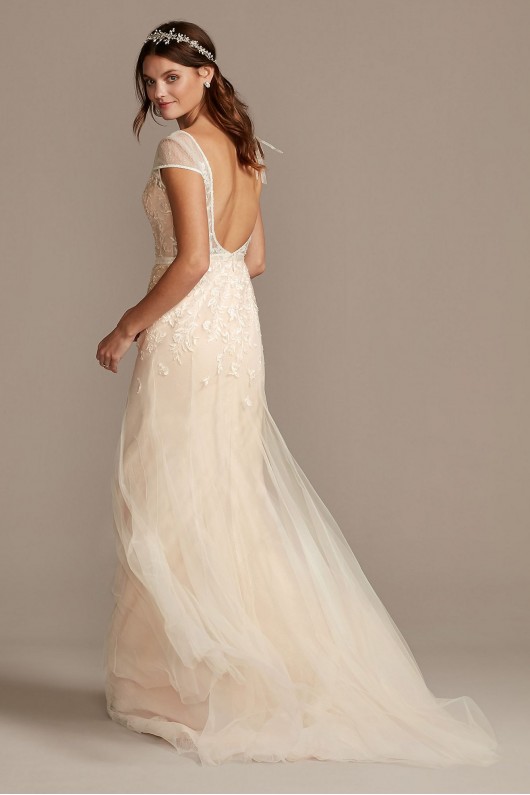 Floral Applique Tulle Cap Sleeve Wedding Dress MS251218