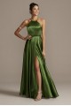 High Halter Neck Long A-line Satin Slit Gown with Pockets 1160BN