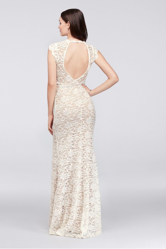 High-Neck Allover Lace Sheath Gown with Open Back 10586D