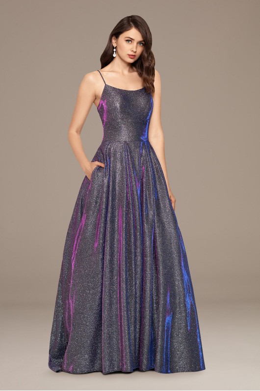 Iridescent Glitter Ball Gown with Spaghetti Straps Betsy and Adam A22793