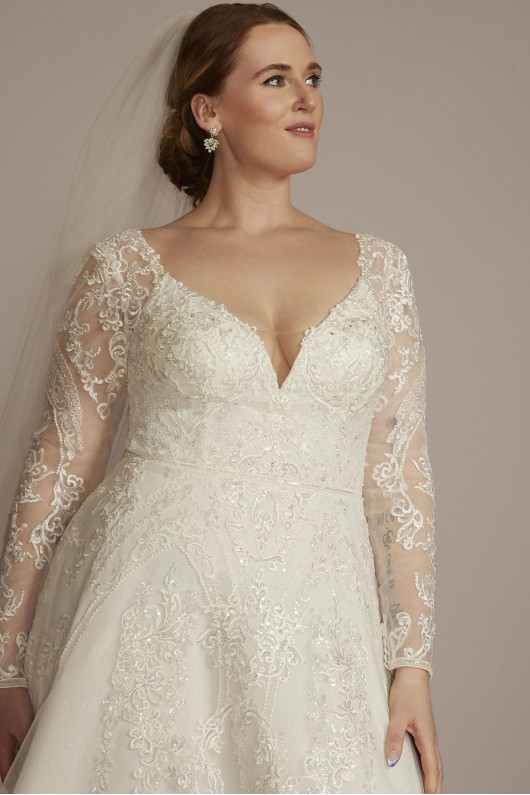 Lace Applique Tulle Long Sleeve Plus Wedding Dress Oleg Cassini 8SLCWG905