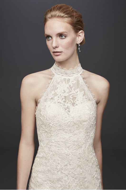 Lace High-Neck Halter Sheath Wedding Dress MS251192