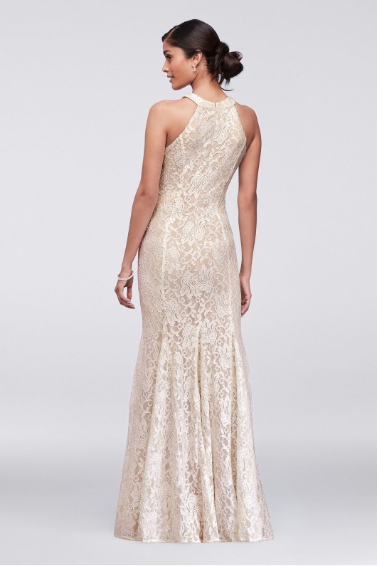 Long Glitter Lace Halter Dress with Keyhole Neck 21416