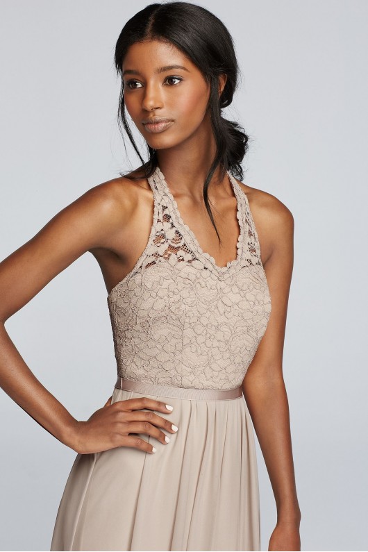 Long Mesh Dress with Lace Halter Bodice F19025