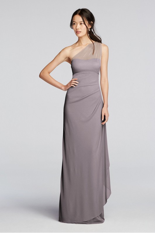 Long Mesh One Shoulder Dress with Side Cascade F19074