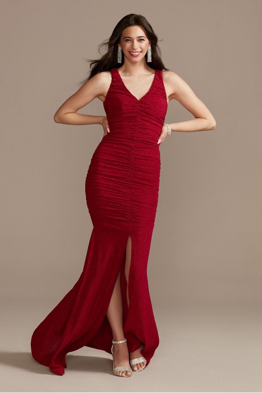 Long Ruched V-Neck Tank Dress with Front Slit Jump 12139DB