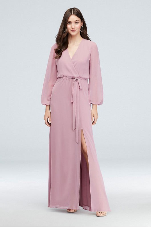 Long Sleeve Chiffon Faux-Wrap Bridesmaid Dress Reverie W60041
