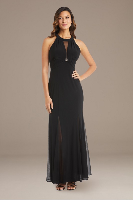 Mesh Overlay Halter Gown with Open Back  22023