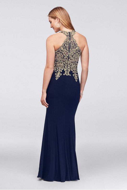 Metallic Lace and Jersey Round Neck Halter Gown XS9331