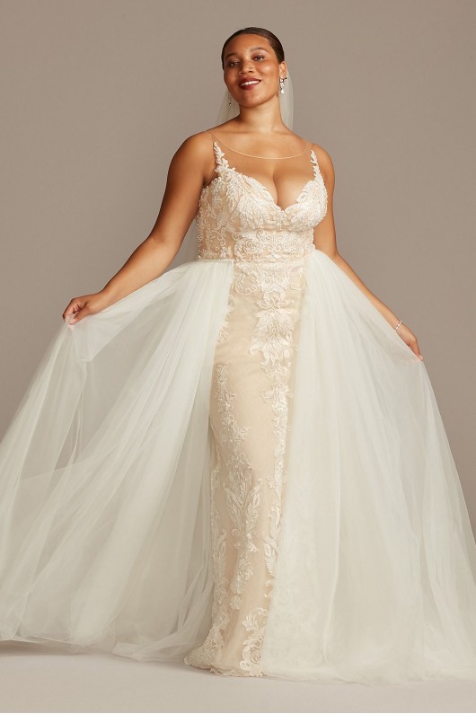 New Elegant Long Fitted Lace Plus Size Wedding Dress with Tulle Overskirt Style 8CWG850