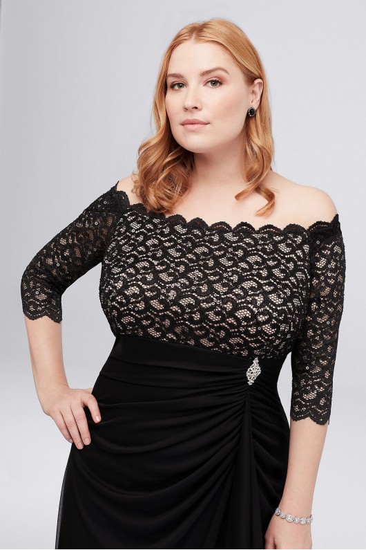 Off-the-Shoulder Plus Size Dress with Cascade A21009W