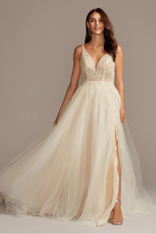 Petite Size 7SWG837 Style Beaded Plunging-V Illusion Bridal Dress