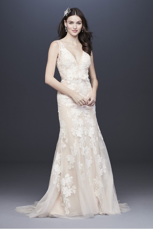 Plunging Lace Wedding Gown with Floral Applique MS251200