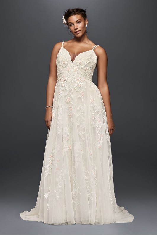 Plus Size Long A-line Flower Embroidered Double Skinny Straps Bridal Gown 8MS251177