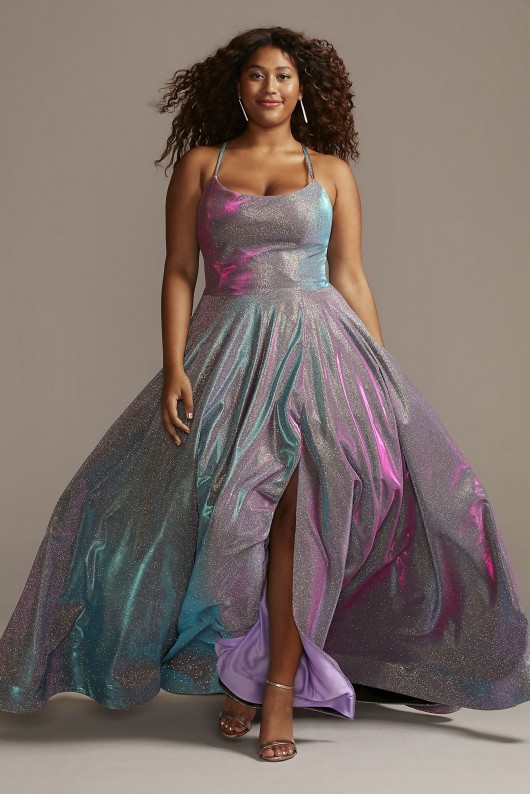 Plus Size Long A-line Lace-Up Back Metallic Iridescent Glitter Dress 2139D