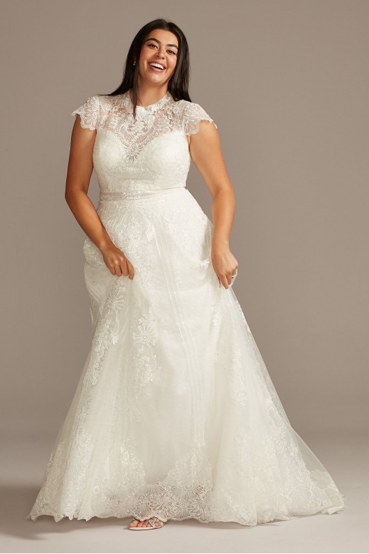 Plus Size Long Mermaid Lace Embroidered Mock Neck 8MS251205 Wedding Dress with Cap Sleeves