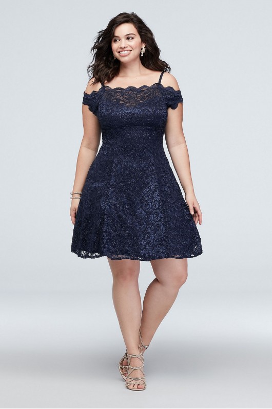 Plus Size Short Off-Shoulder Scalloped Lace Dress 12395W