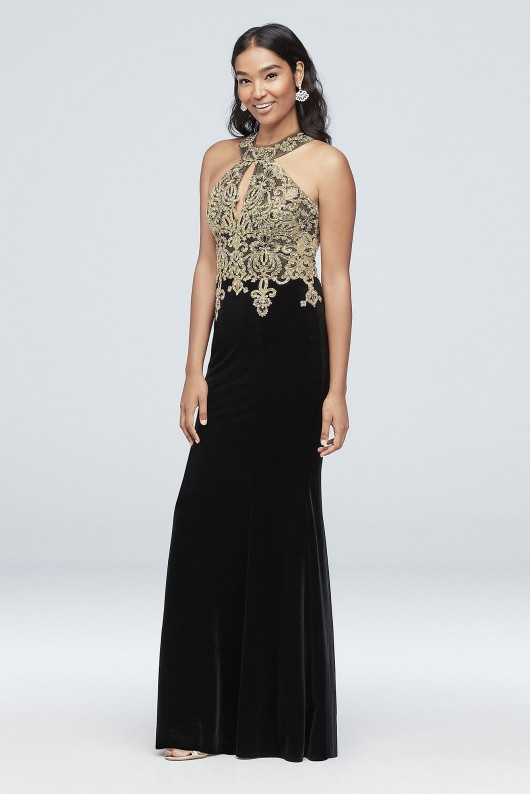 Round Neck Metallic Lace and Jersey Halter Gown XS10096