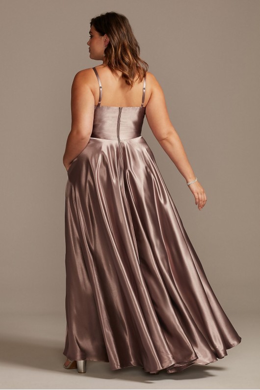 Satin Plunge Plus Size Gown with Illusion and Slit W43391Q96