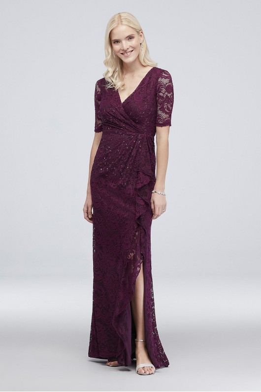 Sequin Lace 3/4 Sleeve Sheath Dress with Cascade Adrianna Papell AP1E203583