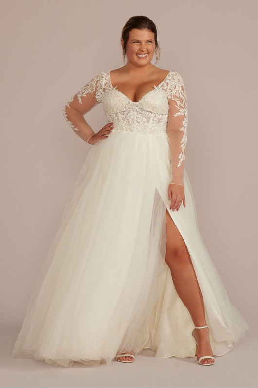 Sheer Bodice Long Sleeve Tall Plus Wedding Dress DB Studio 4XL9SLWG4036