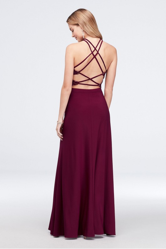 Strappy Sequin Lace and Jersey Halter Gown 12519