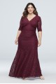 V-Neck Ruched Lace Plus Size Gown with 3/4 Sleeves Nightway 21719W
