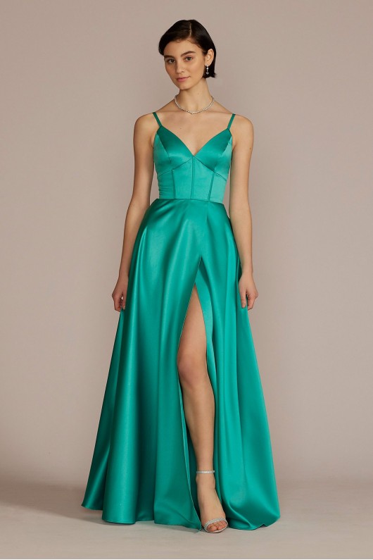 V-Neck Satin A-Line Gown with Corset Bodice Jules and Cleo D24NY22012