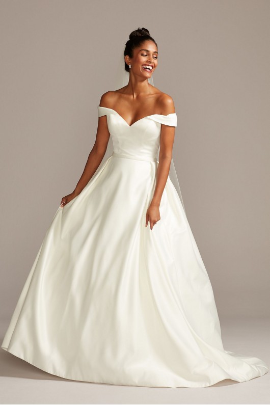 WG3979 Style Off the Shoulder Satin Petite Bridal Gown with Pockets